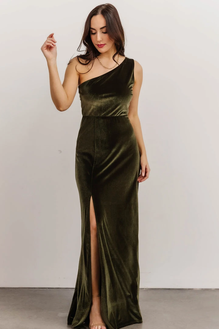 BB Custom Tatiana Velvet One Shoulder Maxi Dress | Olive Dresses 1 BB Custom Tatiana Velvet One Shoulder Maxi Dress | Olive Dresses