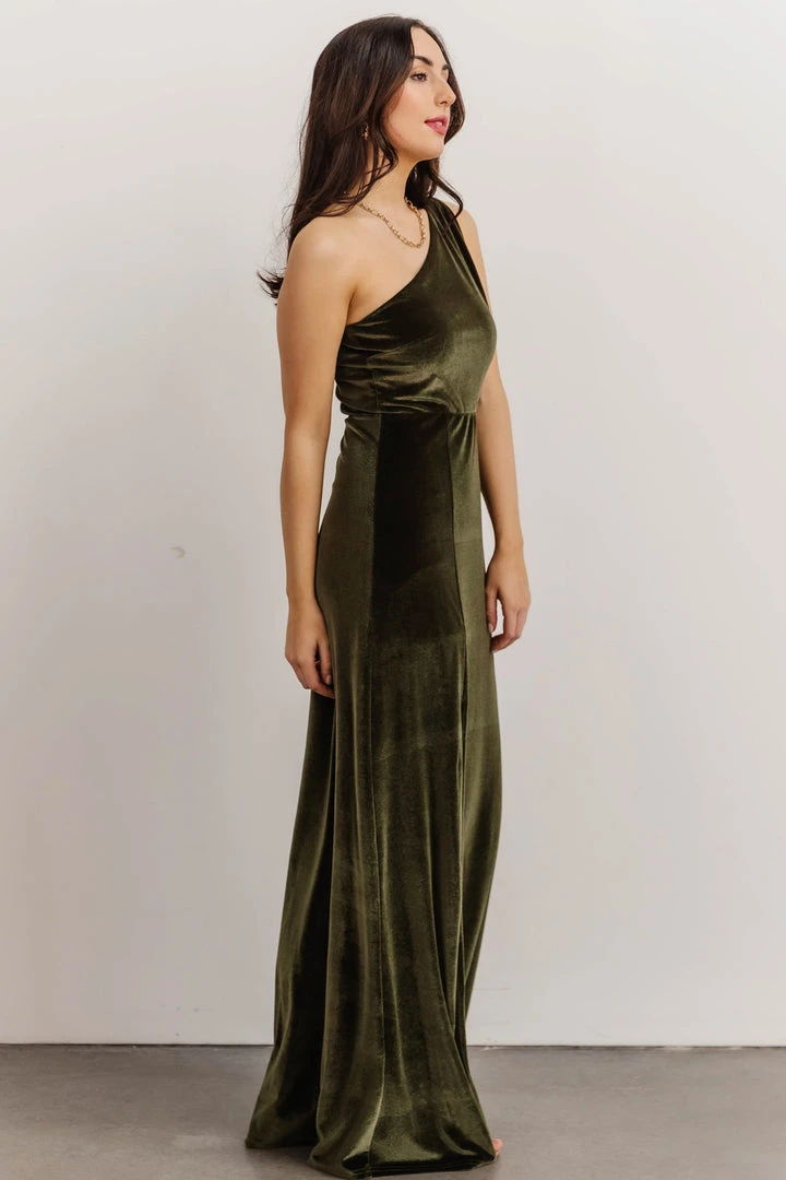BB Custom Tatiana Velvet One Shoulder Maxi Dress | Olive Dresses 6 BB Custom Tatiana Velvet One Shoulder Maxi Dress | Olive Dresses
