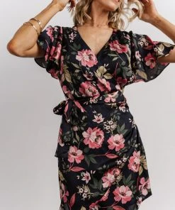 DF Dresses Calloway Wrap Mini Dress | Black + Pink Floral