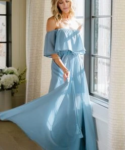 BB Custom Victoria Off Shoulder Maxi Dress | Light Blue