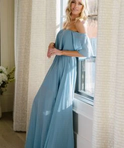 BB Custom Victoria Off Shoulder Maxi Dress | Light Blue