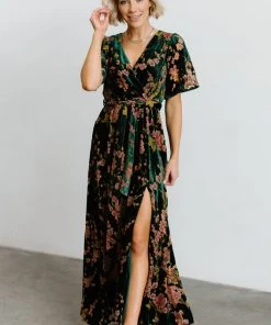 BB Custom Uma Velvet Maxi Dress | Green Floral