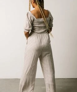 POL Addie Smocked Jumpsuit | Taupe Gingham Boho