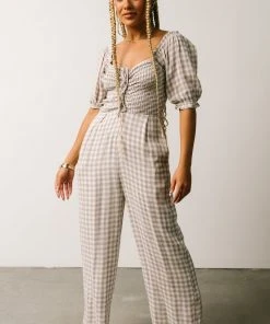 POL Addie Smocked Jumpsuit | Taupe Gingham Boho
