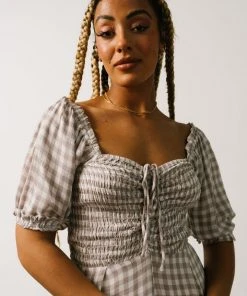 POL Addie Smocked Jumpsuit | Taupe Gingham Boho