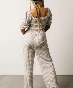 POL Addie Smocked Jumpsuit | Taupe Gingham Boho