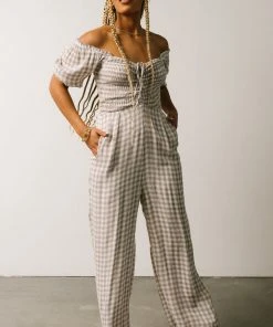 POL Addie Smocked Jumpsuit | Taupe Gingham Boho