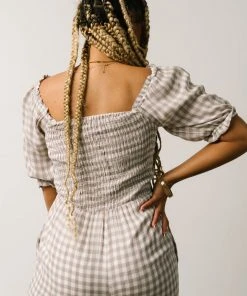 POL Addie Smocked Jumpsuit | Taupe Gingham Boho