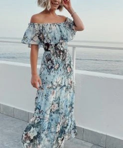 JH Amalfi Smocked Maxi Dress | Blue Floral Dresses