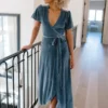 BB Custom Dresses Andi Ribbed Velvet Wrap Dress | Blue
