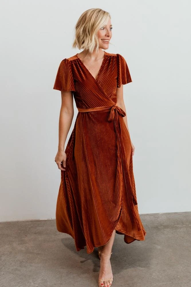 BB Custom Andi Ribbed Velvet Wrap Dress | Copper Dresses 2 BB Custom Andi Ribbed Velvet Wrap Dress | Copper Dresses