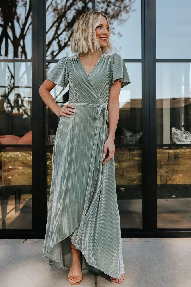 BB Custom Andi Ribbed Velvet Wrap Dress | Dusty Sage BB Custom Andi Ribbed Velvet Wrap Dress | Dusty Sage