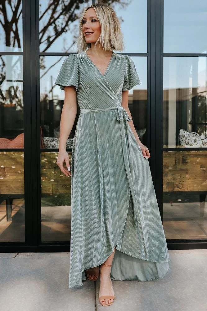 BB Custom Andi Ribbed Velvet Wrap Dress | Dusty Sage BB Custom Andi Ribbed Velvet Wrap Dress | Dusty Sage