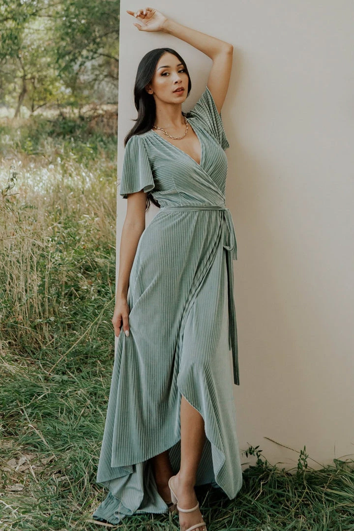 BB Custom Andi Ribbed Velvet Wrap Dress | Dusty Sage BB Custom Andi Ribbed Velvet Wrap Dress | Dusty Sage