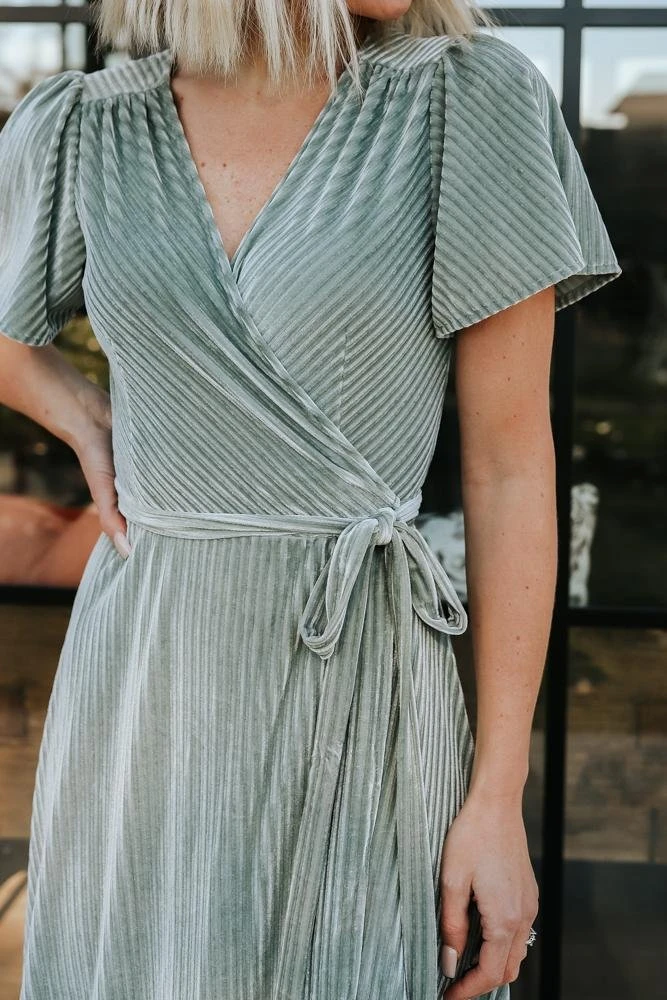 BB Custom Andi Ribbed Velvet Wrap Dress | Dusty Sage BB Custom Andi Ribbed Velvet Wrap Dress | Dusty Sage