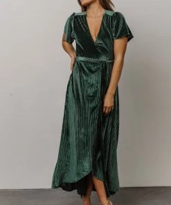 BB Custom Dresses Andi Ribbed Velvet Wrap Dress | Green