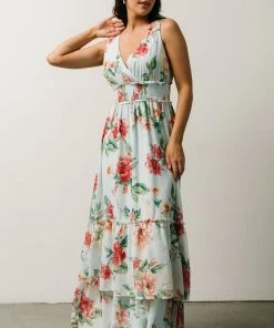 FT Arnna Layered Maxi Dress | Light Blue + Pink Multi Floral