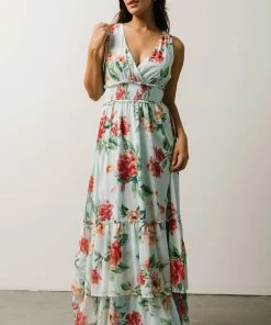 FT Arnna Layered Maxi Dress | Light Blue + Pink Multi Floral