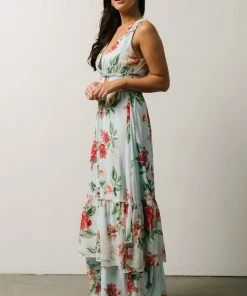 FT Arnna Layered Maxi Dress | Light Blue + Pink Multi Floral