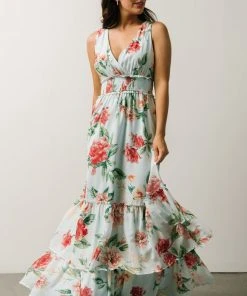 FT Arnna Layered Maxi Dress | Light Blue + Pink Multi Floral