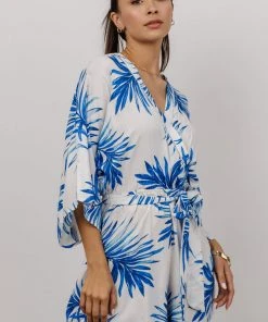 FT Banyan Kimono Romper | White + Blue Palm Print Boho