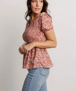 HAY Beatrix Smocked Top | Rust Floral Tops