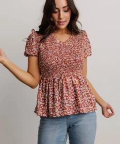 HAY Beatrix Smocked Top | Rust Floral Tops