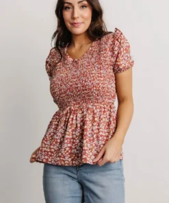 HAY Beatrix Smocked Top | Rust Floral Tops
