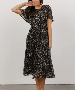 HAY Belfast Pleated Midi Dress | Black Floral Dresses
