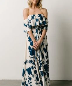 Soi Dresses Berlynn Off Shoulder Maxi Dress | Cream + Navy Floral