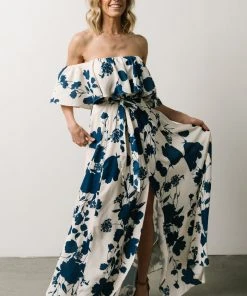 Soi Dresses Berlynn Off Shoulder Maxi Dress | Cream + Navy Floral