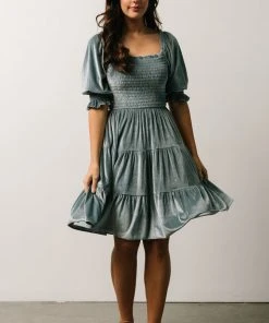 BB Custom Dresses Bliss Smocked Velvet Short Dress | Dusty Blue