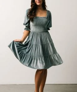 BB Custom Dresses Bliss Smocked Velvet Short Dress | Dusty Blue