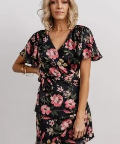 DF Dresses Calloway Wrap Mini Dress | Black + Pink Floral