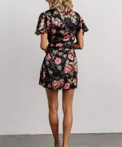 DF Dresses Calloway Wrap Mini Dress | Black + Pink Floral
