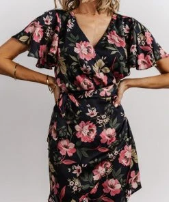 DF Dresses Calloway Wrap Mini Dress | Black + Pink Floral