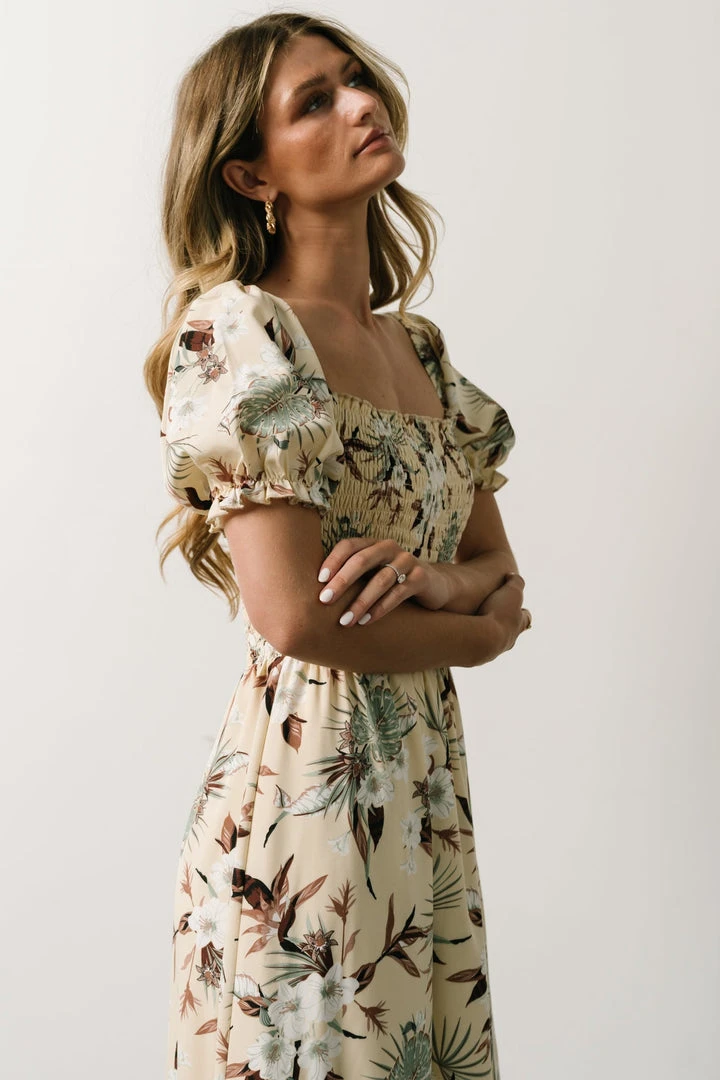 BB Custom Capri Smocked Maxi Dress | Cream Palm Print Dresses 6 BB Custom Capri Smocked Maxi Dress | Cream Palm Print Dresses