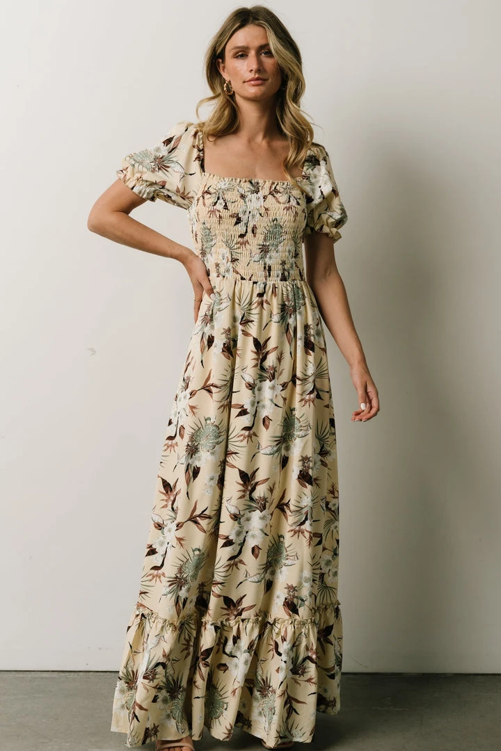 BB Custom Capri Smocked Maxi Dress | Cream Palm Print Dresses 1 BB Custom Capri Smocked Maxi Dress | Cream Palm Print Dresses