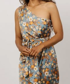 BB Custom Dresses Celia One Shoulder Midi Dress | Blue Floral