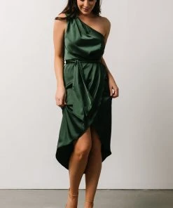 BB Custom Dresses Celia One Shoulder Midi Dress | Dark Green