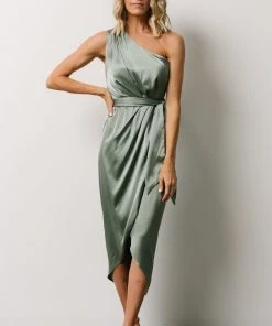 BB Custom Celia One Shoulder Midi Dress | Eucalyptus
