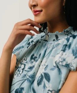 SL Chloe Mock Neck Top | Light Blue Floral Tops