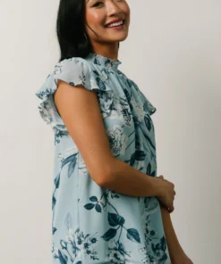 SL Chloe Mock Neck Top | Light Blue Floral Tops