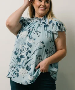 SL Chloe Mock Neck Top | Light Blue Floral Tops