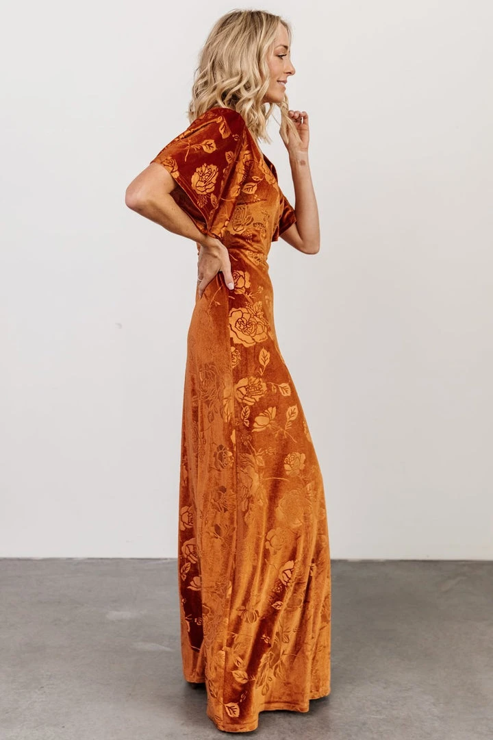 BB Custom Danielle Embossed Velvet Maxi Dress | Rust 3 BB Custom Danielle Embossed Velvet Maxi Dress | Rust