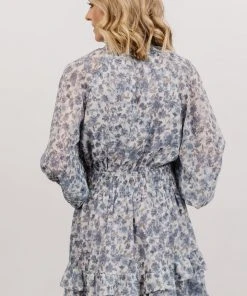 DF Dresses Delia High Neck Mini Dress | Dusty Blue Floral