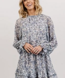 DF Dresses Delia High Neck Mini Dress | Dusty Blue Floral