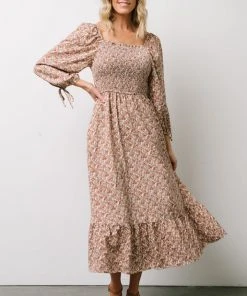 HAY Dell Smocked Midi Dress | Rust + Gray Floral Dresses