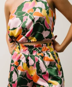 SL Emilia One Shoulder Crop Top | Pink + Green Floral Tops