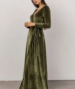 BB Custom Esmerelda Velvet Wrap Maxi Dress | Olive 11 BB Custom Esmerelda Velvet Wrap Maxi Dress | Olive